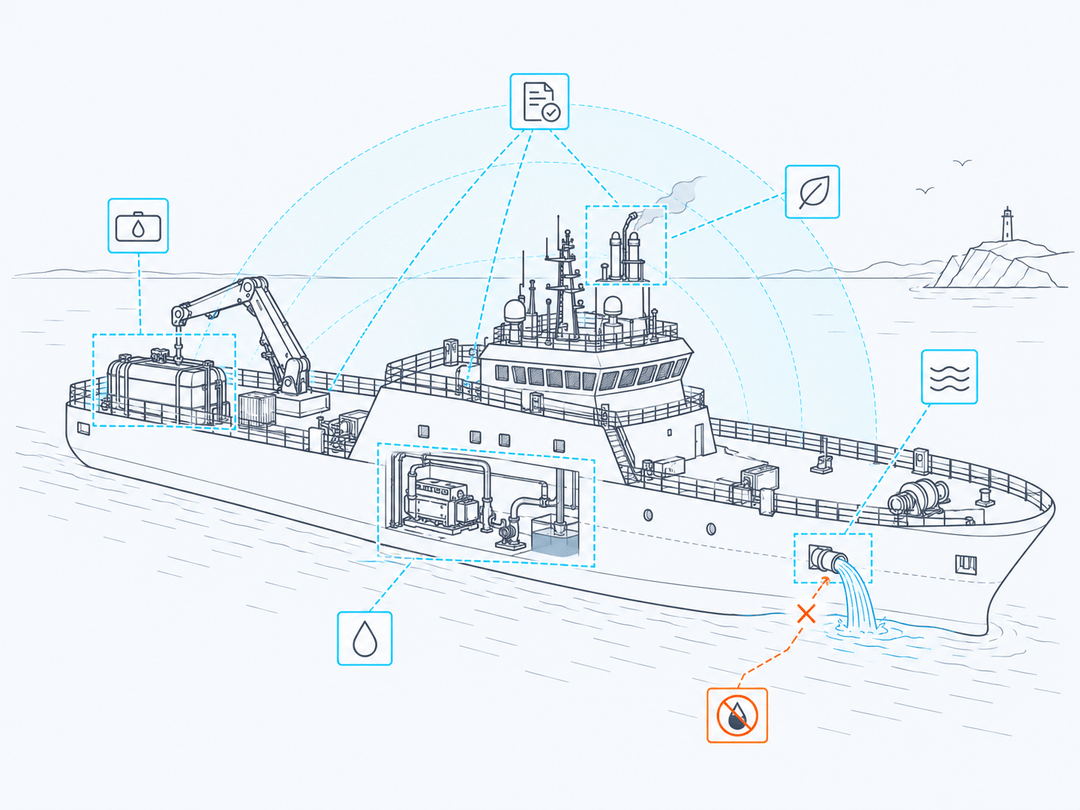 SEALINK line drawing of a vessel with its machinery, fuel and discharge systems monitored